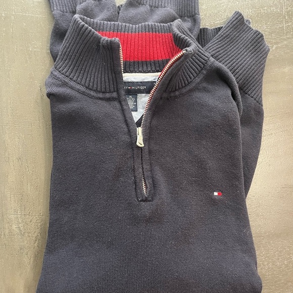 TOMMY HILFIGER | xl | Long Sleeve Quarter Zip-Up Knit Sweater | Navy Blue - Picture 9 of 9